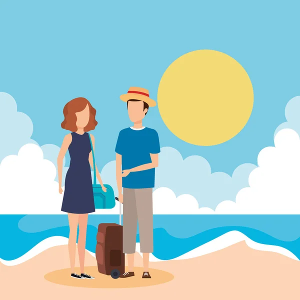 Young couple with suitcase on the beach — Stock Vector