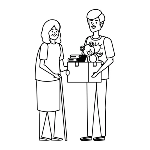 Чоловік доброволець дає старій жінці коробку пожертвувань — стоковий вектор