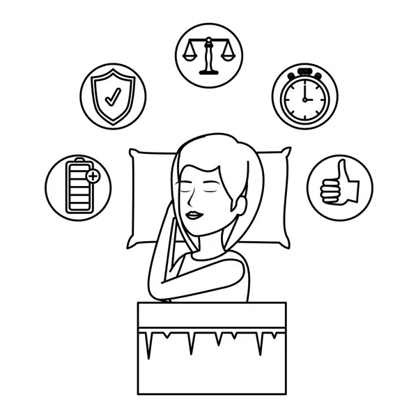 Bela mulher dormindo com ícones definidos — Vetor de Stock