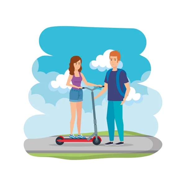 Young couple in folding scooter on road — Stok Vektör