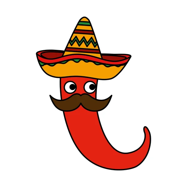 Chile con sombrero mexicano y carácter bigote — Vector de stock