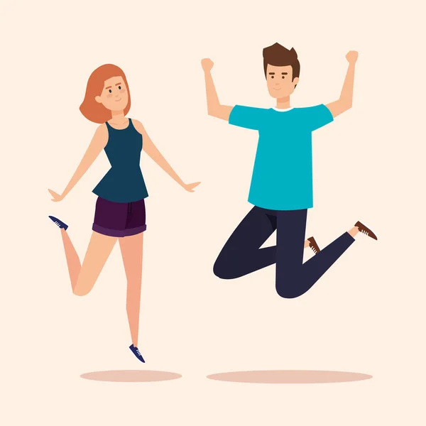 Chica y chico saltando con ropa casual — Vector de stock