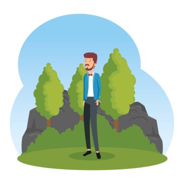 Sakallı genç adam manzarada