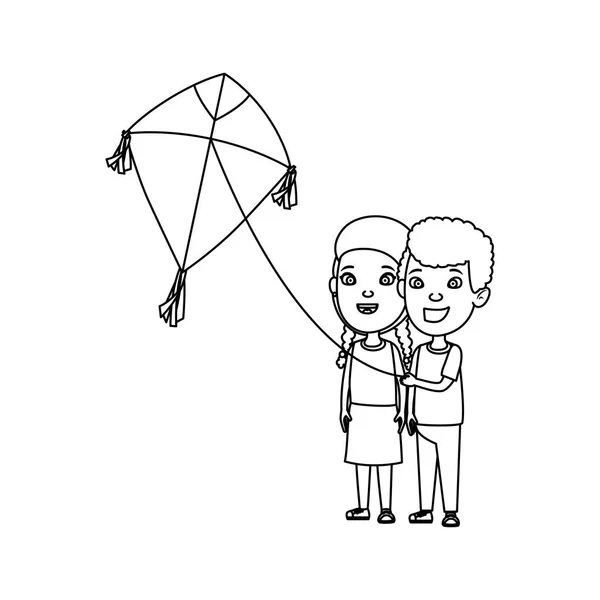 Pareja de niños con vuelo de cometa — Vector de stock