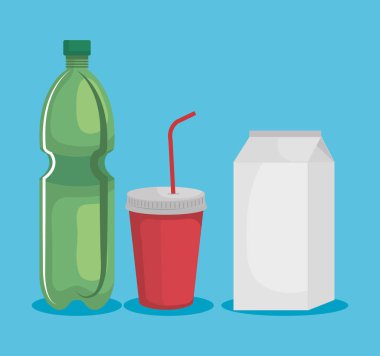 şişe ve süt kutusu ile toksik plastik bardak seti