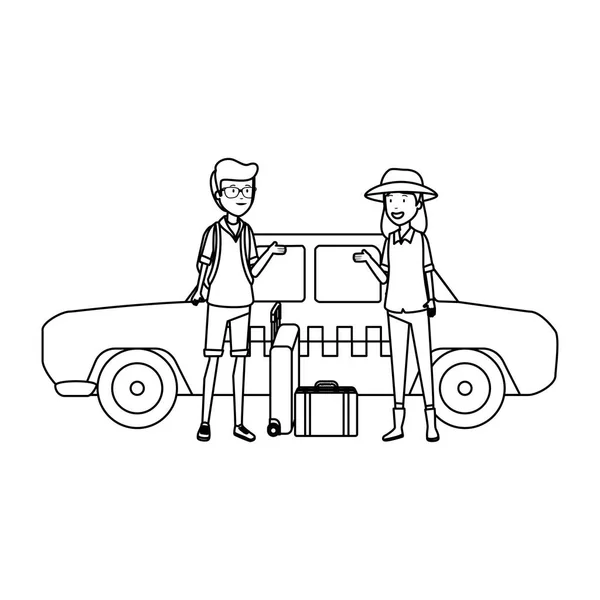 Couple touristique avec valises en caractères de taxi — Image vectorielle