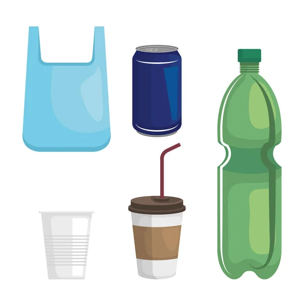 Ensemble de sac en plastique avec des tasses et une bouteille sur fond blanc — Image vectorielle