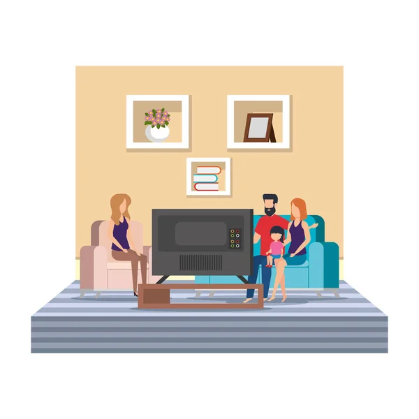 Parents couple with daughter waching tv — Stock Vector