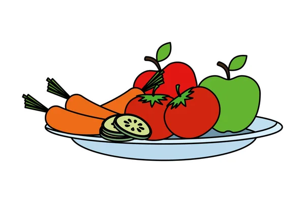 Plato con ensalada de verduras y frutas — Vector de stock