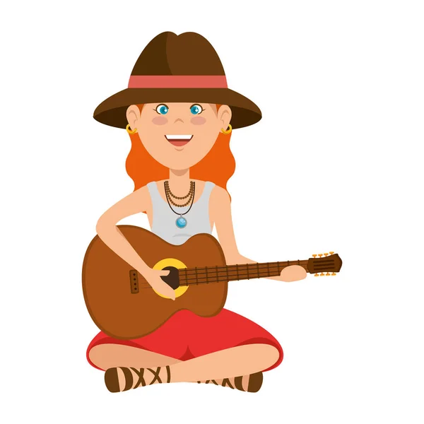 Hippi nő gitározni karakter — Stock Vector