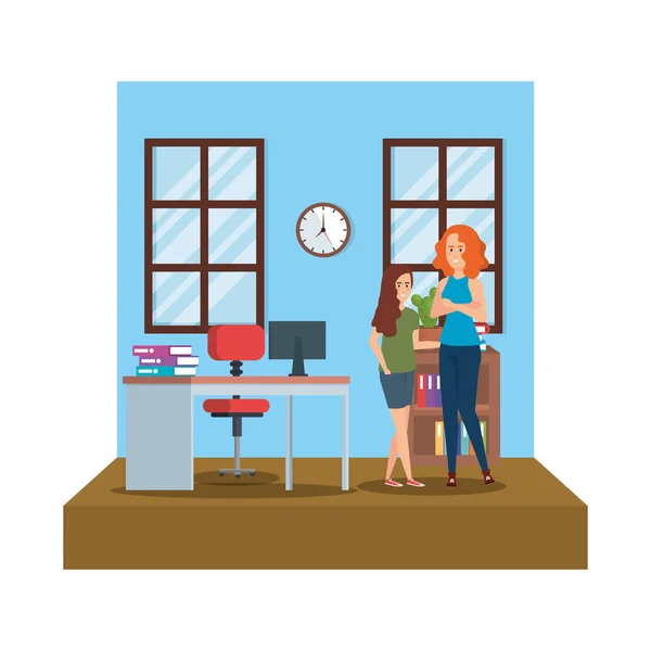 Pareja de chicas en el lugar de trabajo — Vector de stock