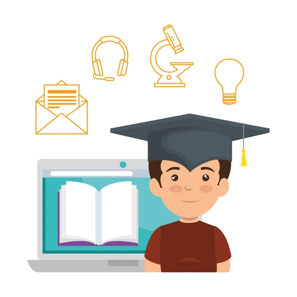 Laptop com estudante e ícones de eLearning — Vetor de Stock