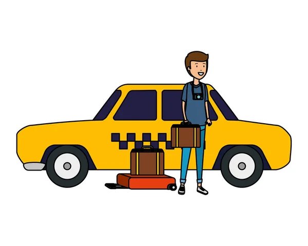 Touristenmann mit Koffer und Taxicharakter — Stockvektor