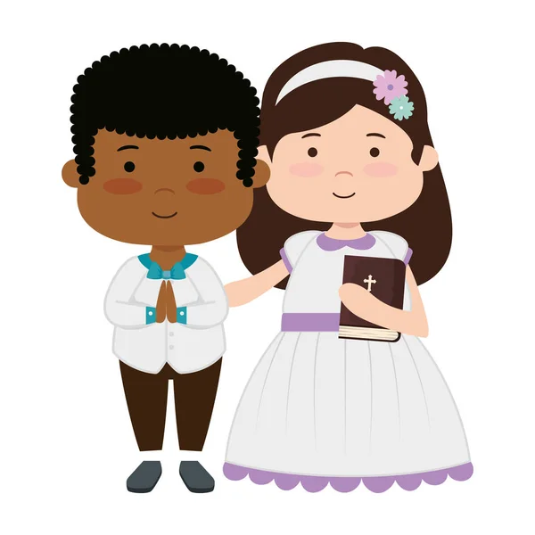 Little kids with holy bible first communion character — Stock Vector
