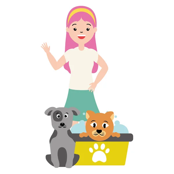 woman and animals pet grooming