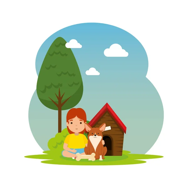 Cute Little Girl z szczeniakiem i drewnianym domu w obozie — Wektor stockowy