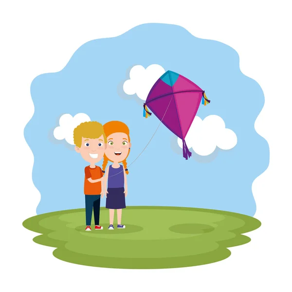 Kinderen paar met Kite vliegen in het veld — Stockvector