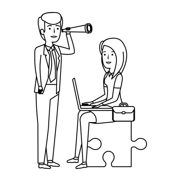 Couple assis en pièce de puzzle avec ordinateur portable et télescope — Image vectorielle