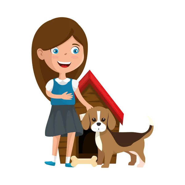 Köpek yavrusu ve ahşap ev ile sevimli küçük kız — Stok Vektör