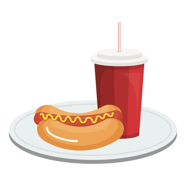 Schotel met heerlijke hotdog en soda — Stockvector