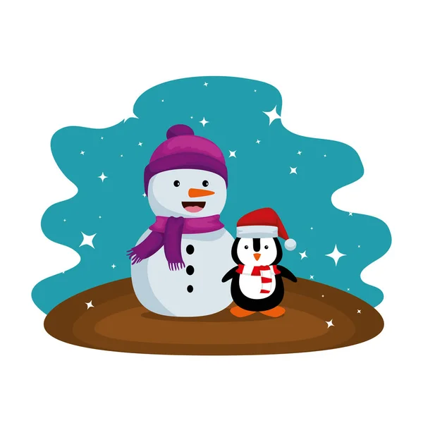 Söt snögubbe med pingvin jul tecken — Stock vektor