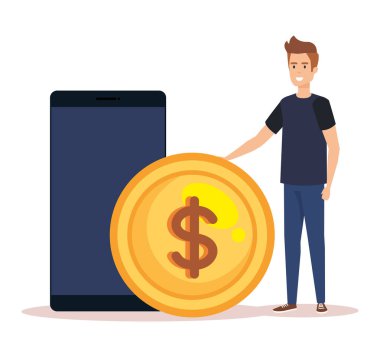 akıllı telefon ve sikke karakteri ile adam