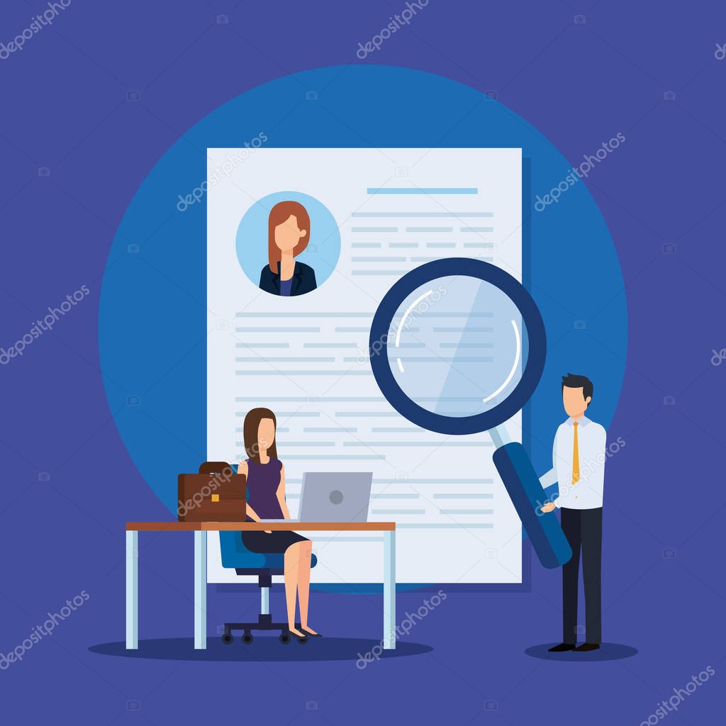 businesspeople with curriculum vitae and magnifying glass