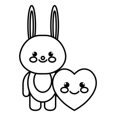 sevimli tavşan ve kalp kawaii karakterleri