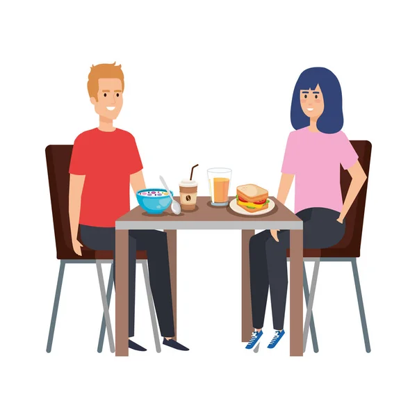 Pareja joven comiendo en personajes de mesa — Vector de stock