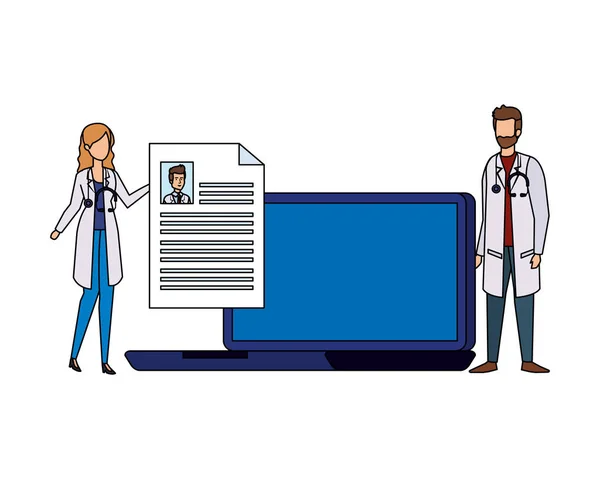 Par av yrkesverksamma läkare med laptop telemedicin — Stock vektor