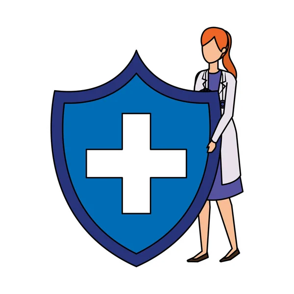 Médico feminino com estetoscópio e escudo médico —  Vetores de Stock