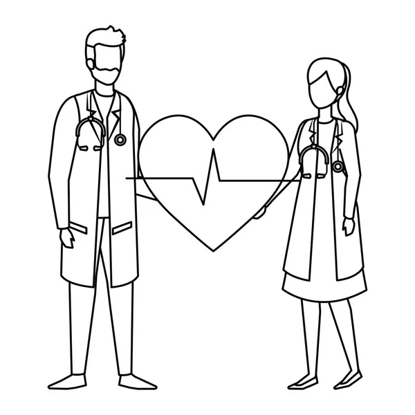 Paar professionals artsen met hart cardio — Stockvector