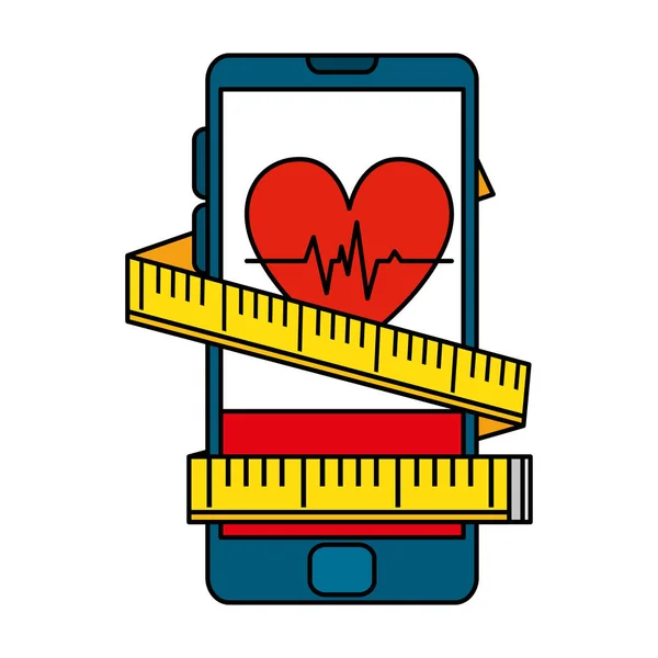 Smartphone with heart cardio and tape measure — Stock Vector