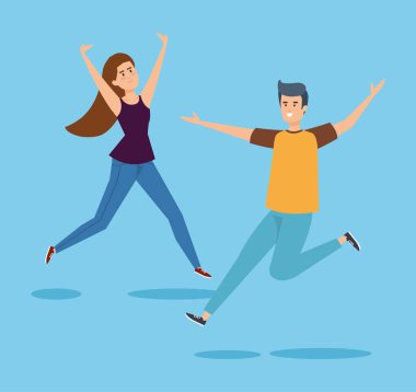 mutlu erkek ve kız elleri yukarı atlama