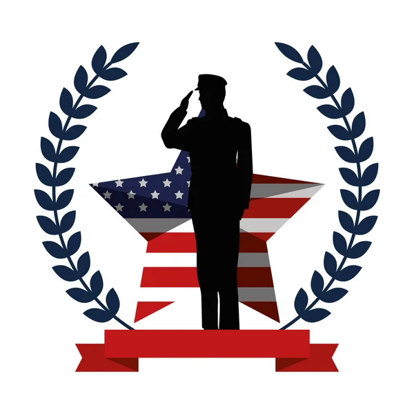 Silueta vojenského člověka s vlajkou emblém — Stockový vektor