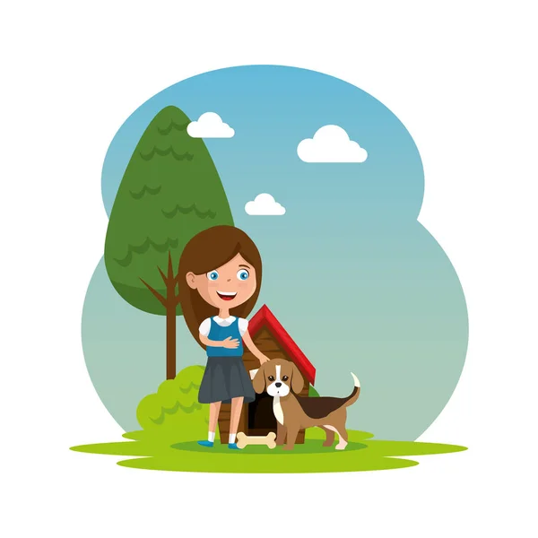 Kampta köpek yavrusu ve ahşap ev ile sevimli küçük kız — Stok Vektör
