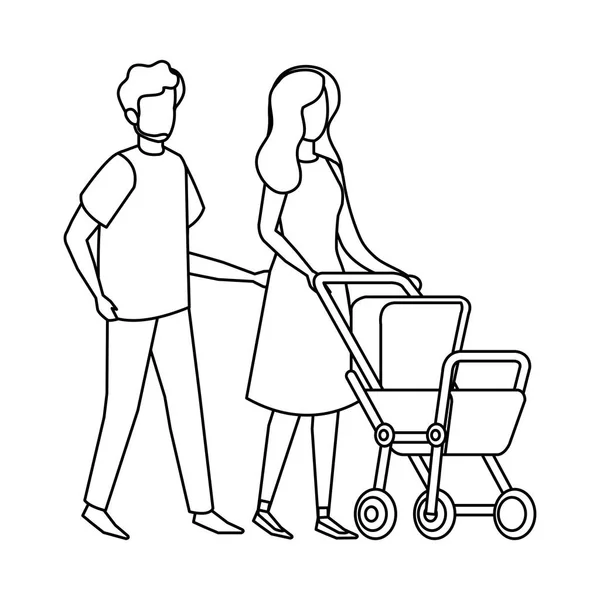 Padres pareja con carrito bebé caracteres — Vector de stock