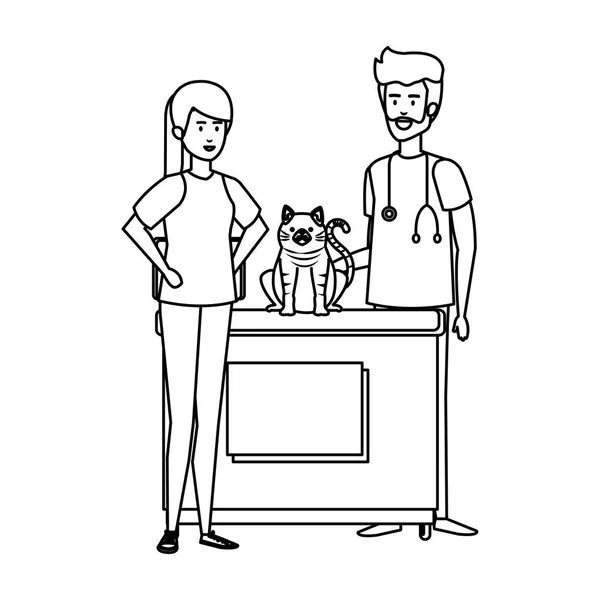 Чоловічий ветеринарний лікар з кішкою і власником — стоковий вектор