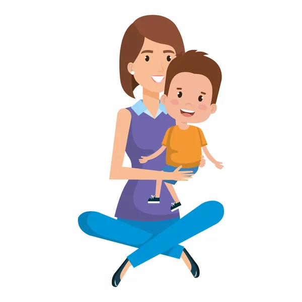 Madre sentada en el suelo llevando hijo — Vector de stock