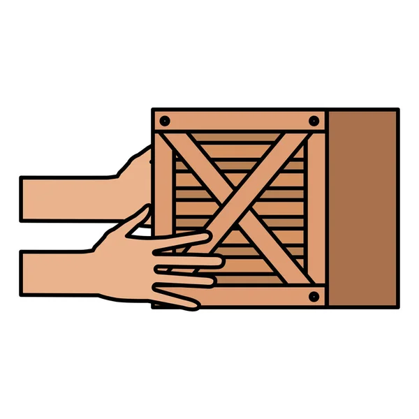 Hands with box wooden delivery service — Stock Vector