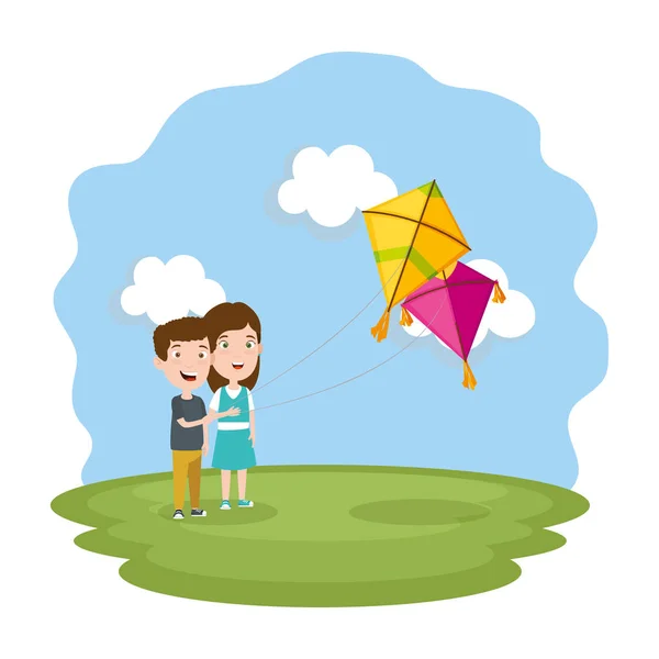 Παιδί ζευγάρι με χαρταετό που πετούν στο χωράφι — Διανυσματικό Αρχείο