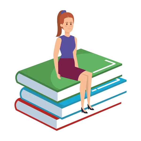 Mladá učitelka žena sedí v knihách charakter — Stockový vektor