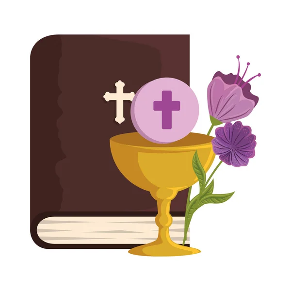 Święta Biblia z kieliszkami i kwiatami — Wektor stockowy