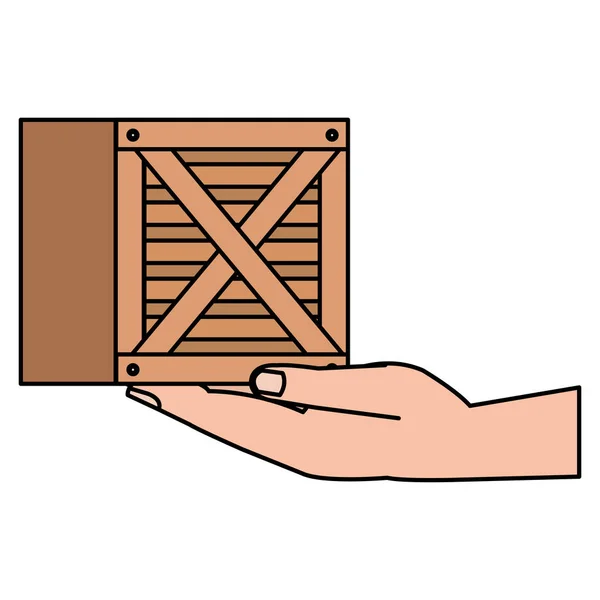 Hand with box wooden delivery service — Stock Vector