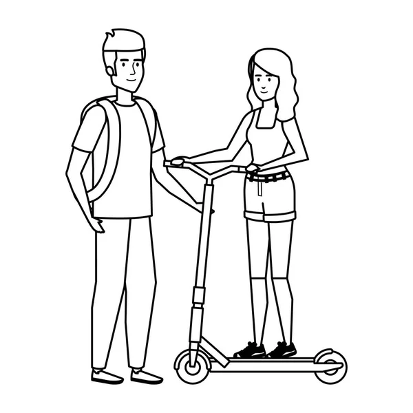 Молодая пара на складном скутере — стоковый вектор