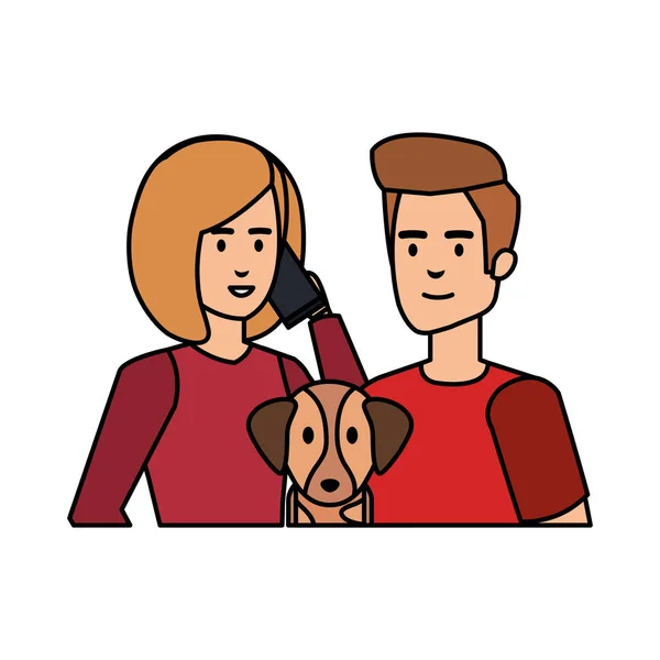 Jovem casal com smartphone e cachorro — Vetor de Stock