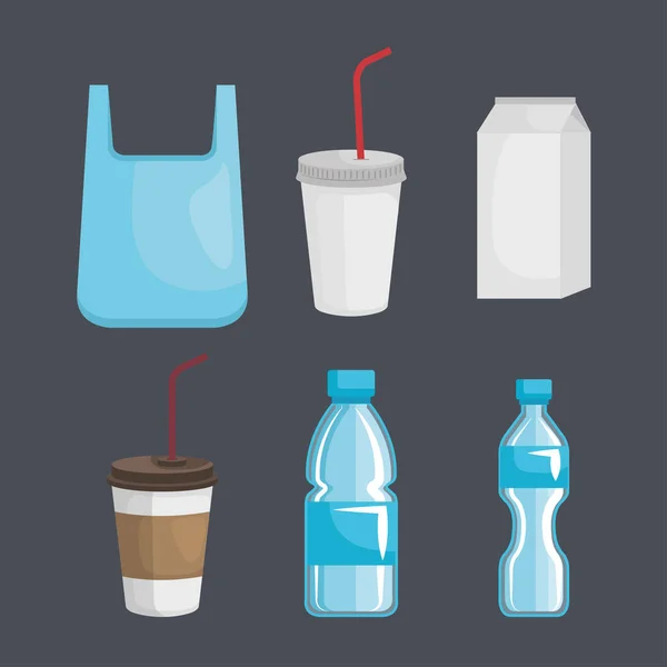Plastik bardak ve süt kutusu ile şişeile toksik torba se — Stok Vektör