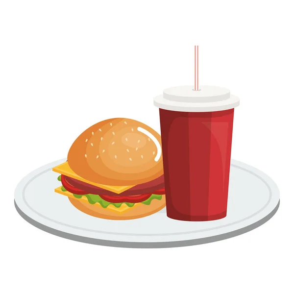 Dish with delicious burger and soda — Stock Vector