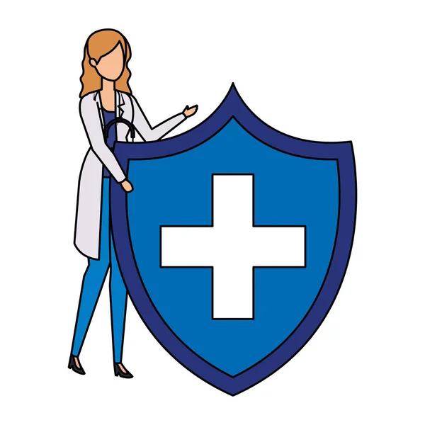 Female doctor with stethoscope and medical shield Royalty Free Stock Vectors