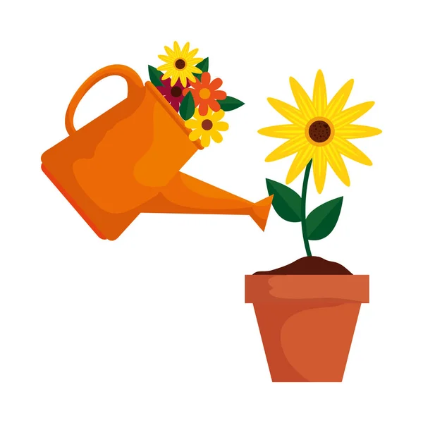 Hrnkovací hrnec s květinami a slunečnicovým — Stockový vektor